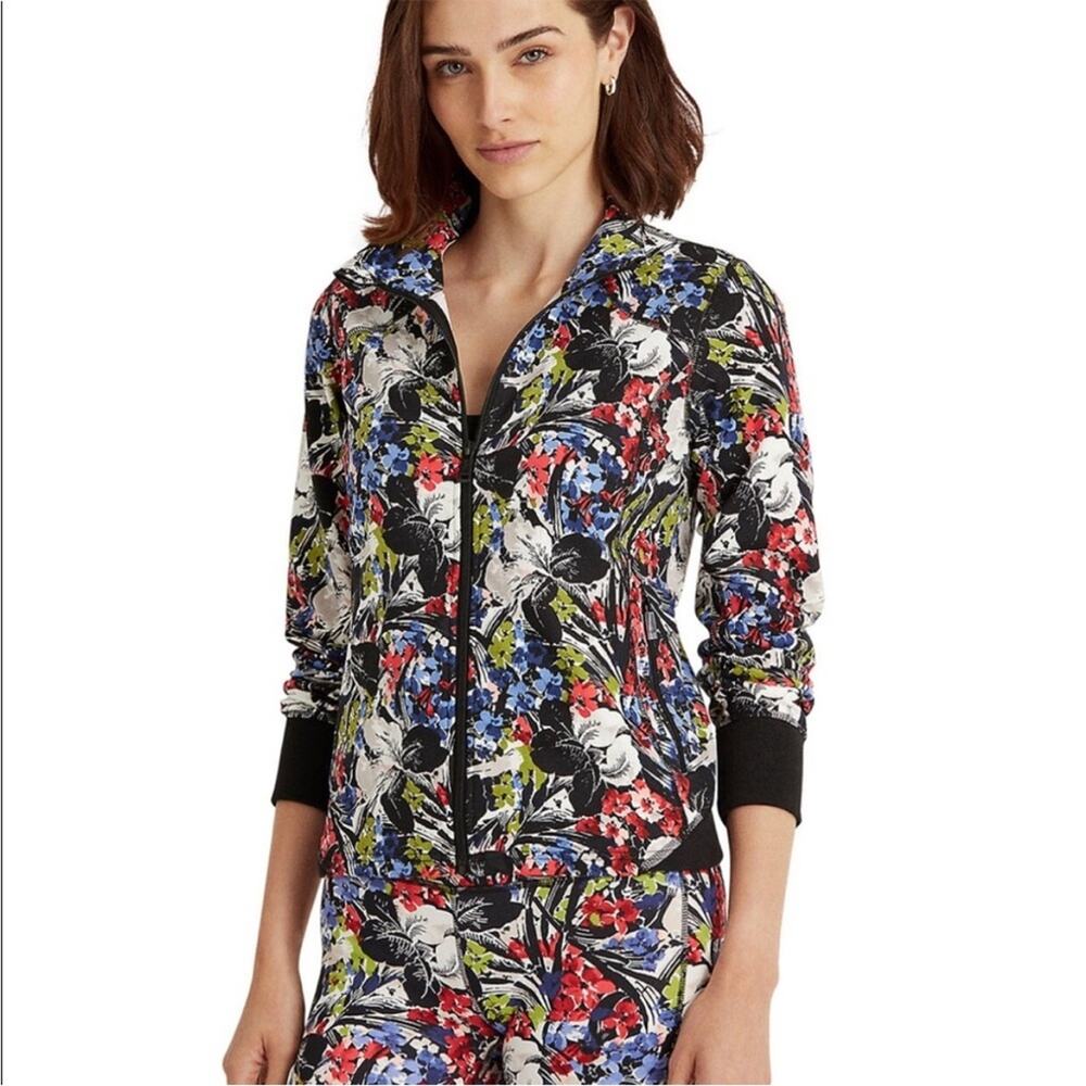 Ralph Lauren Floral Mock Neck Full Zip Up Track Jacket Size Large Athleisure